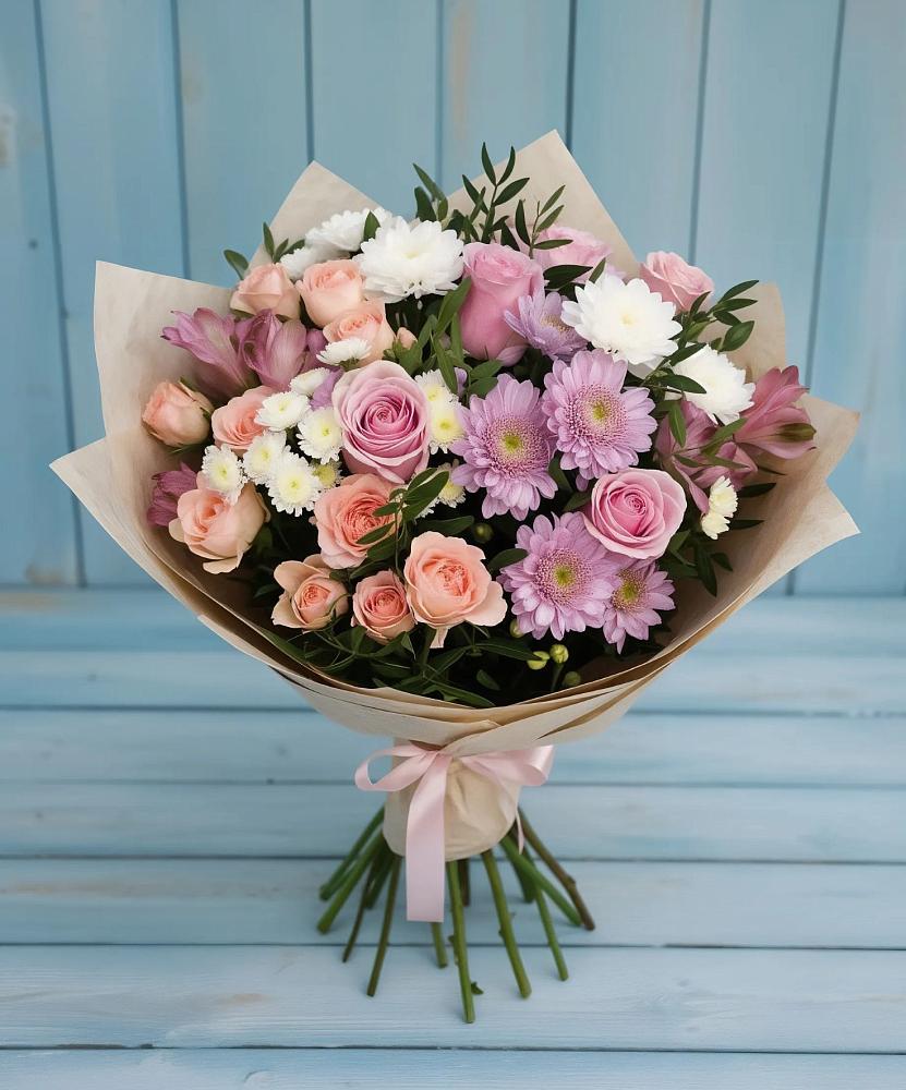 Букет цветов из: Хризантемы, Розы и Альстромерии в Монетный