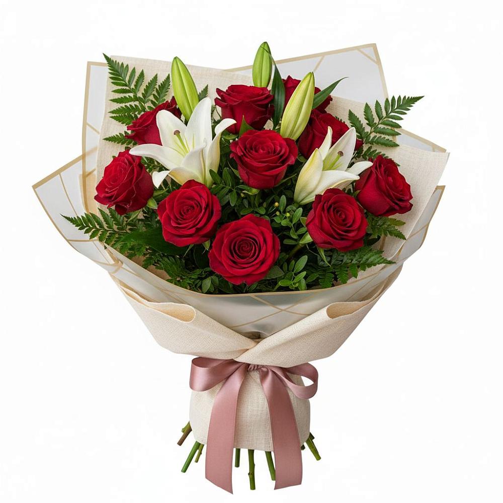 Букет цветов из: Лилии и Розы в Монетный