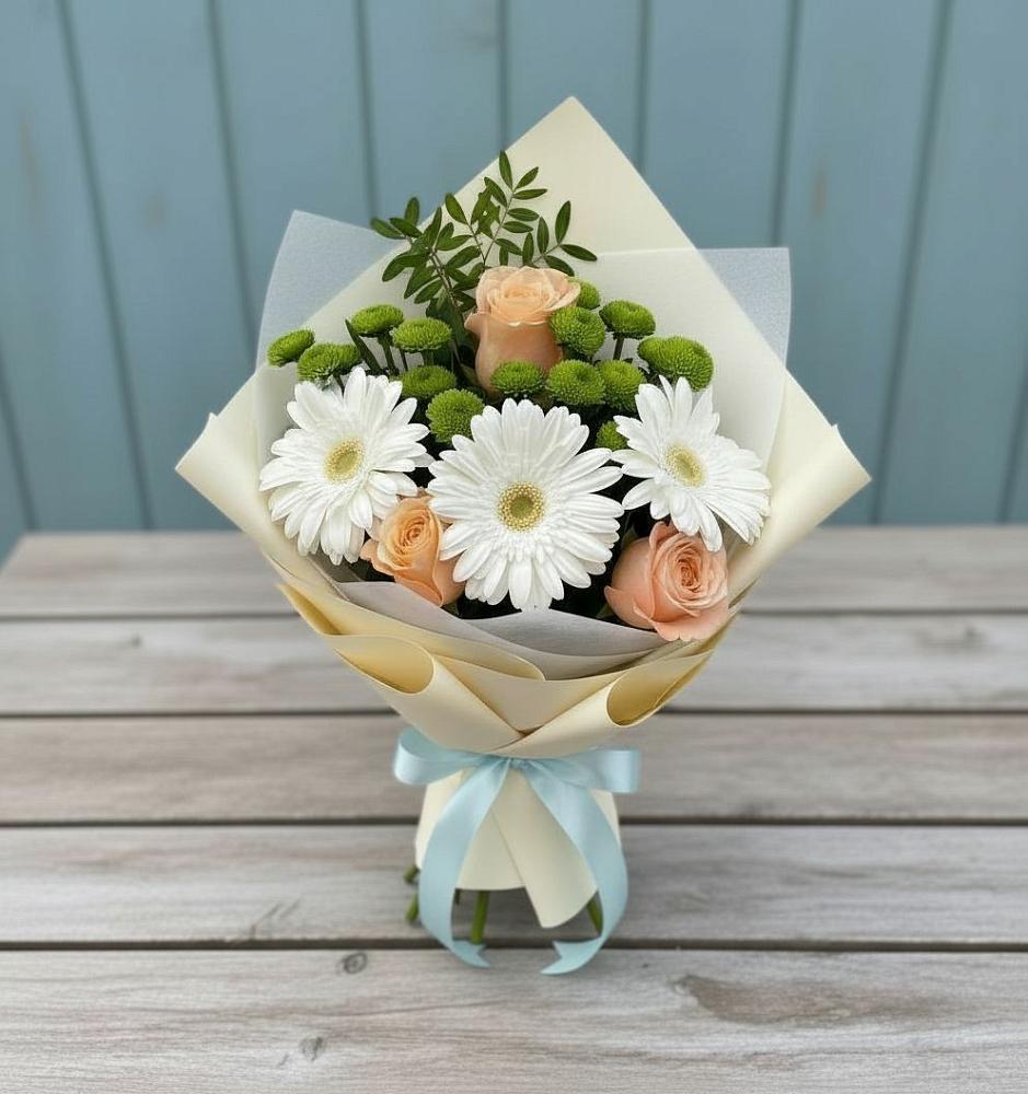Букет цветов из: Герберы, Розы и Хризантемы в Монетный