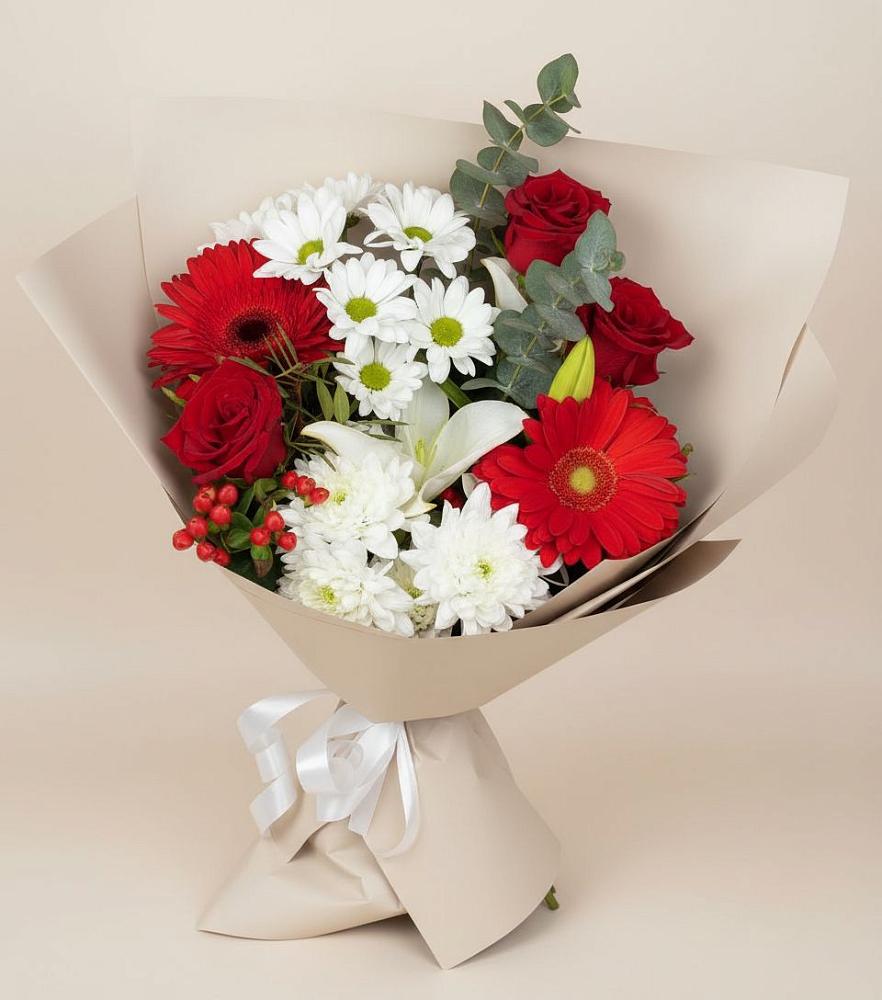 Букет цветов из: Розы, Хризантемы, Герберы и Лилии в Монетный