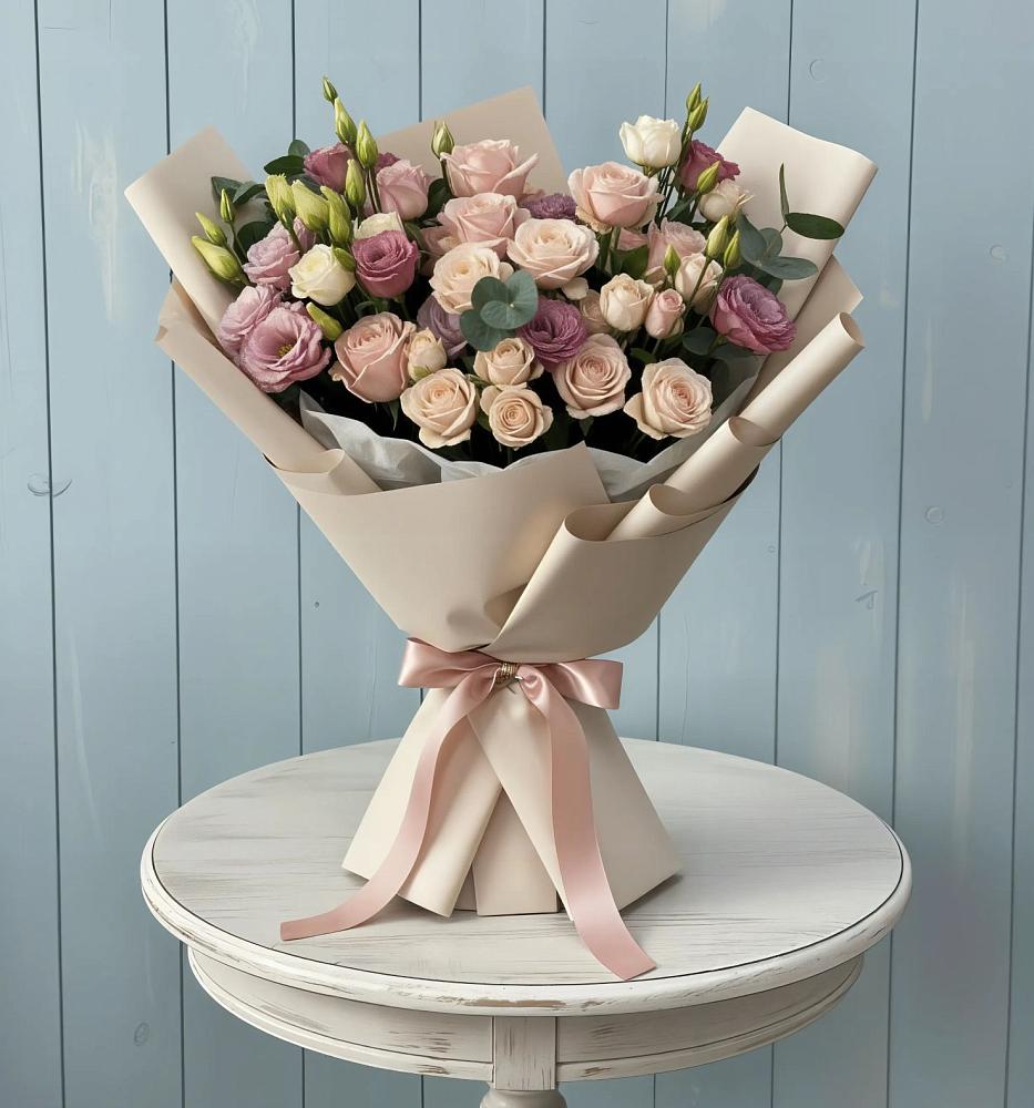 Букет цветов из: Розы и Лизиантусы в Монетный