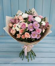 Букет цветов из:  Хризантемы, Розы и Альстромерии в Монетный