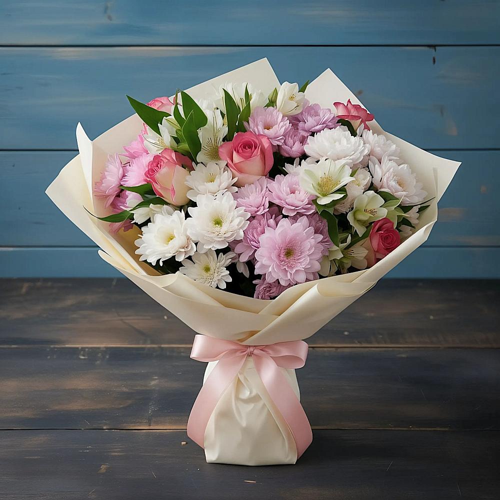 Букет цветов из: Хризантемы, Альстромерии и Розы в Монетный